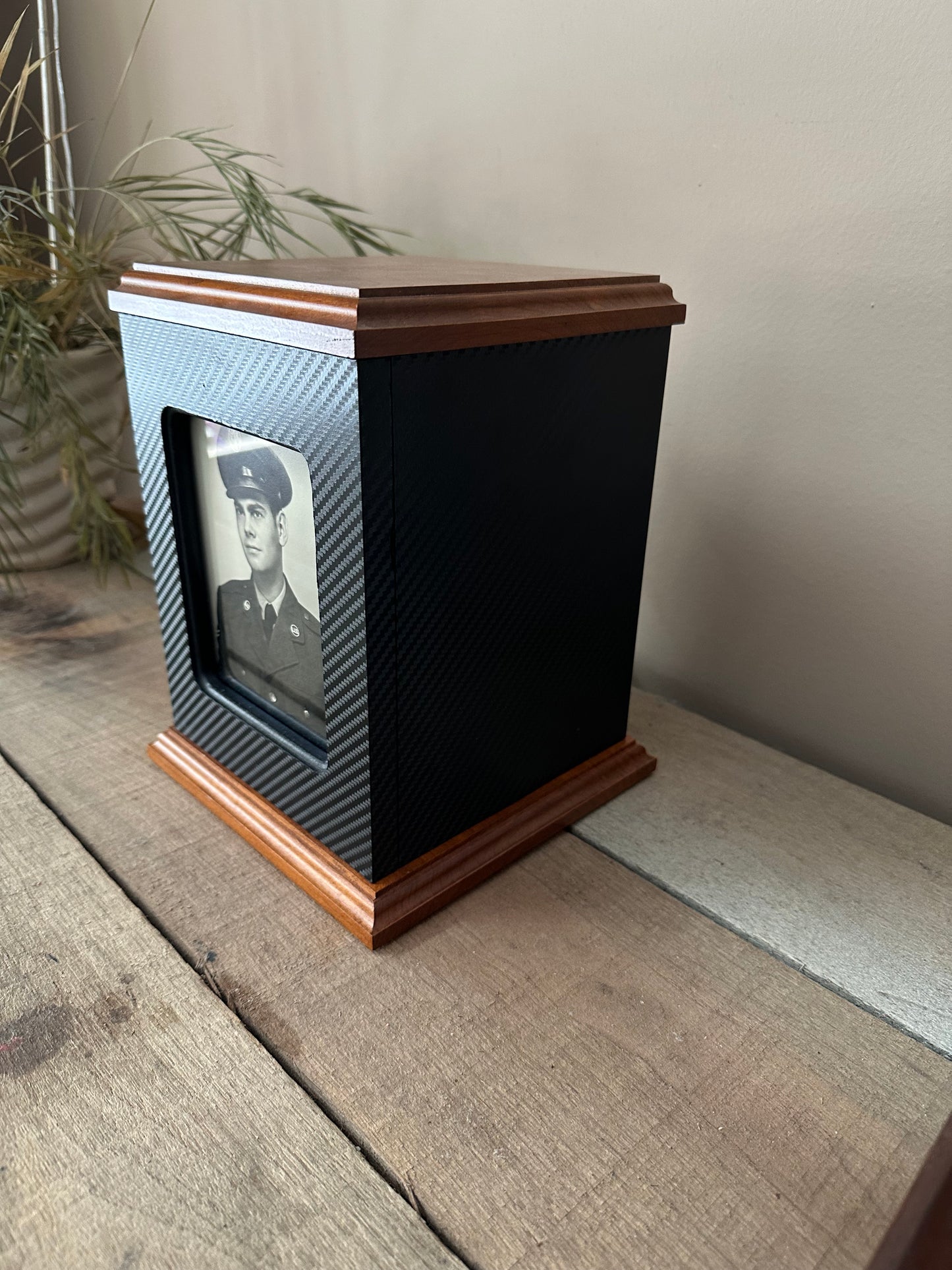 Carbon Fiber Vinyl Wrapped Wooden Photo Cremation Urn