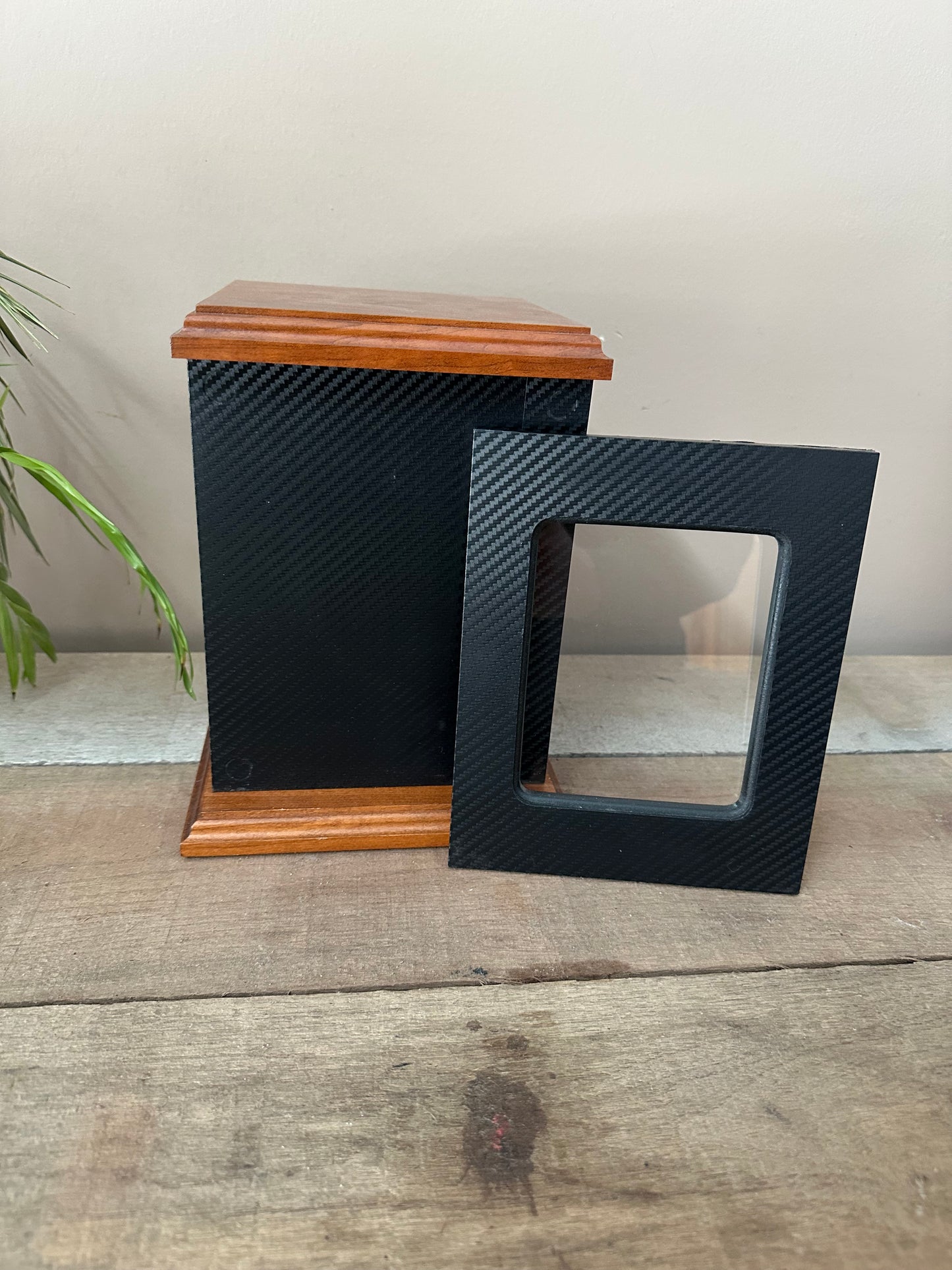 Carbon Fiber Vinyl Wrapped Wooden Photo Cremation Urn