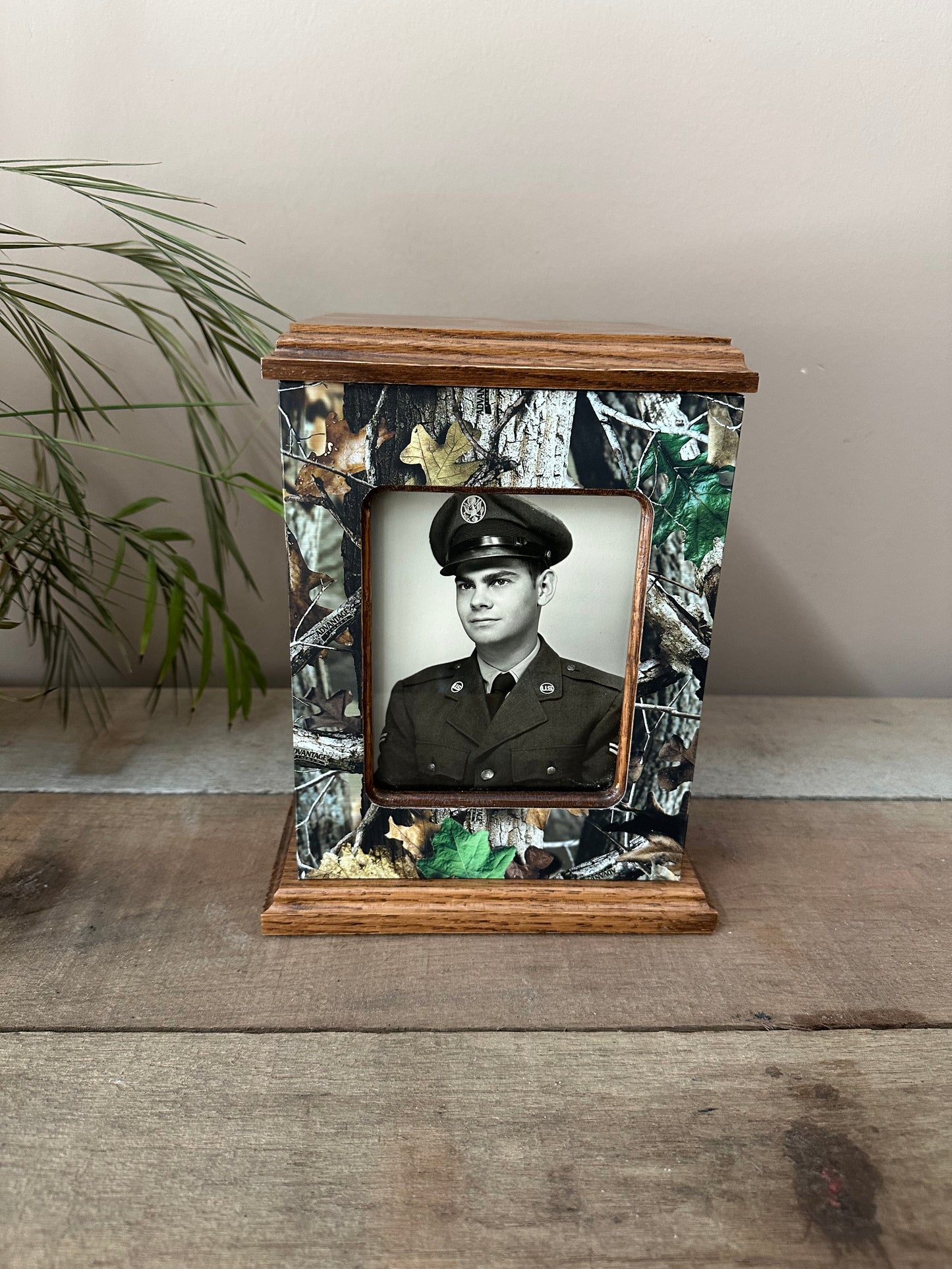 Camouflage Vinyl Wrapped Wooden Photo Cremation Urn