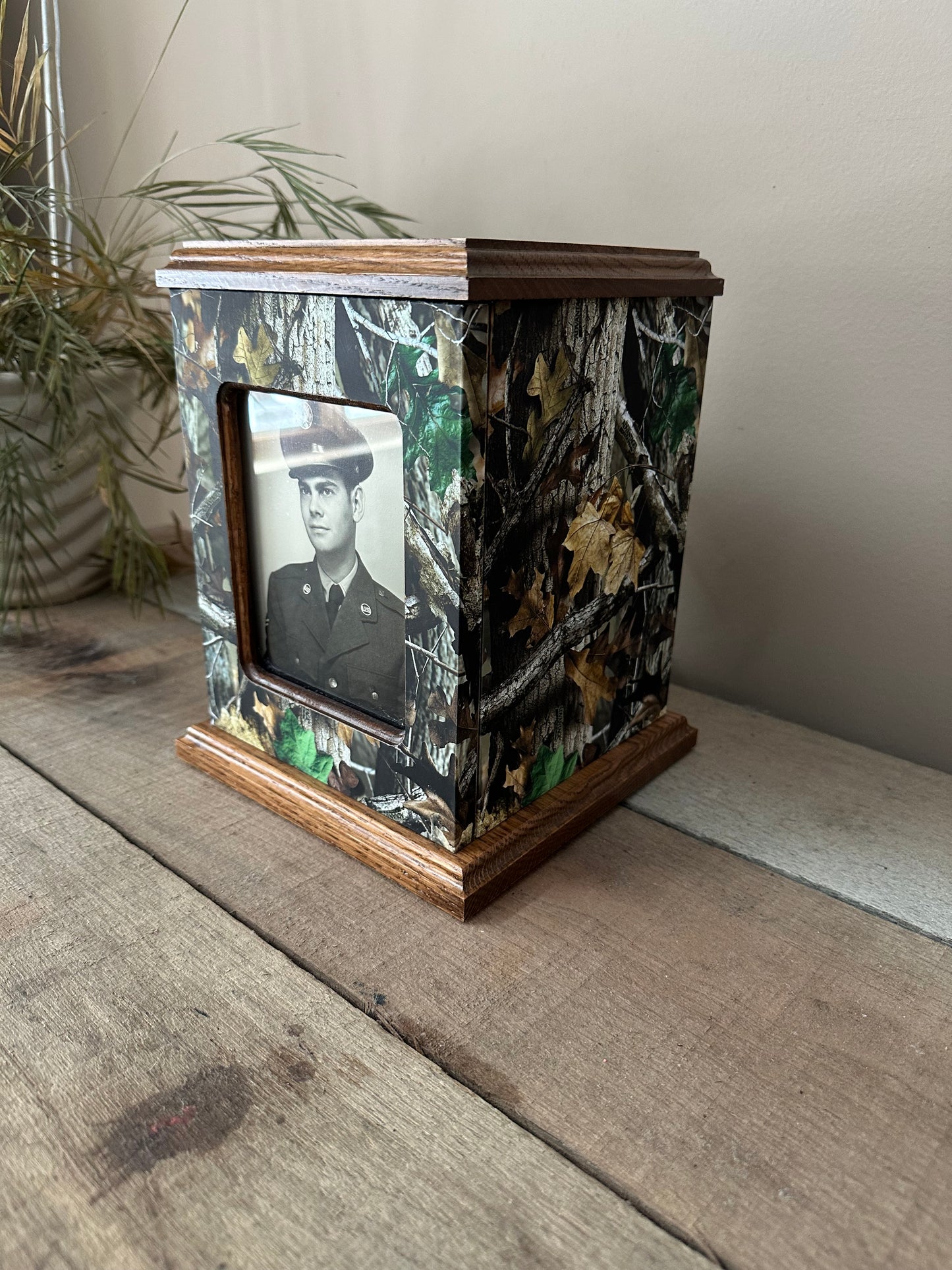 Camouflage Vinyl Wrapped Wooden Photo Cremation Urn