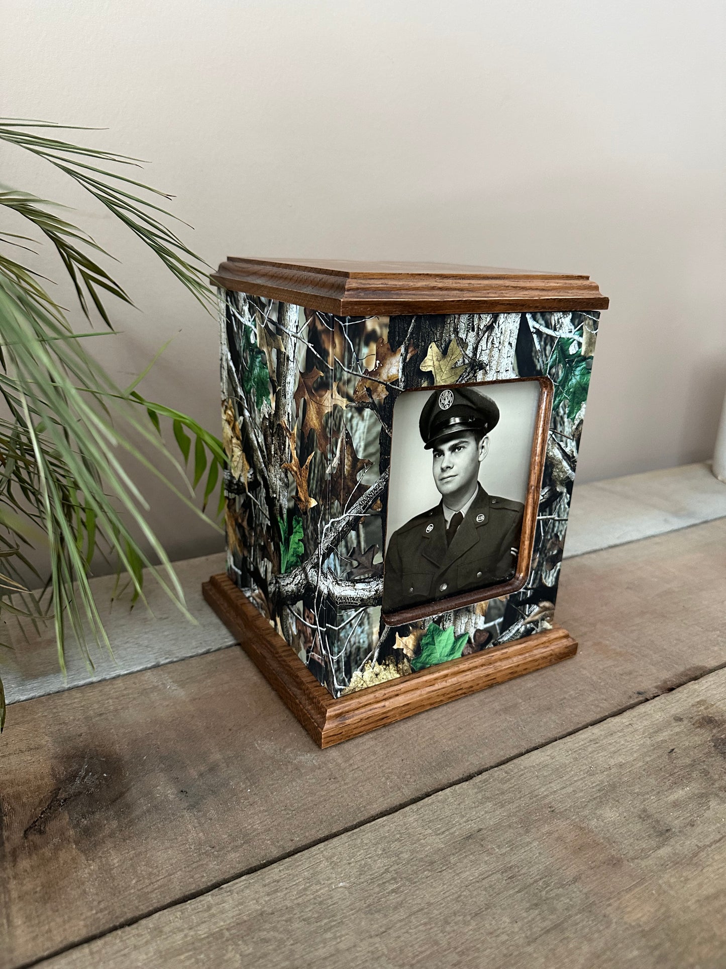 Camouflage Vinyl Wrapped Wooden Photo Cremation Urn