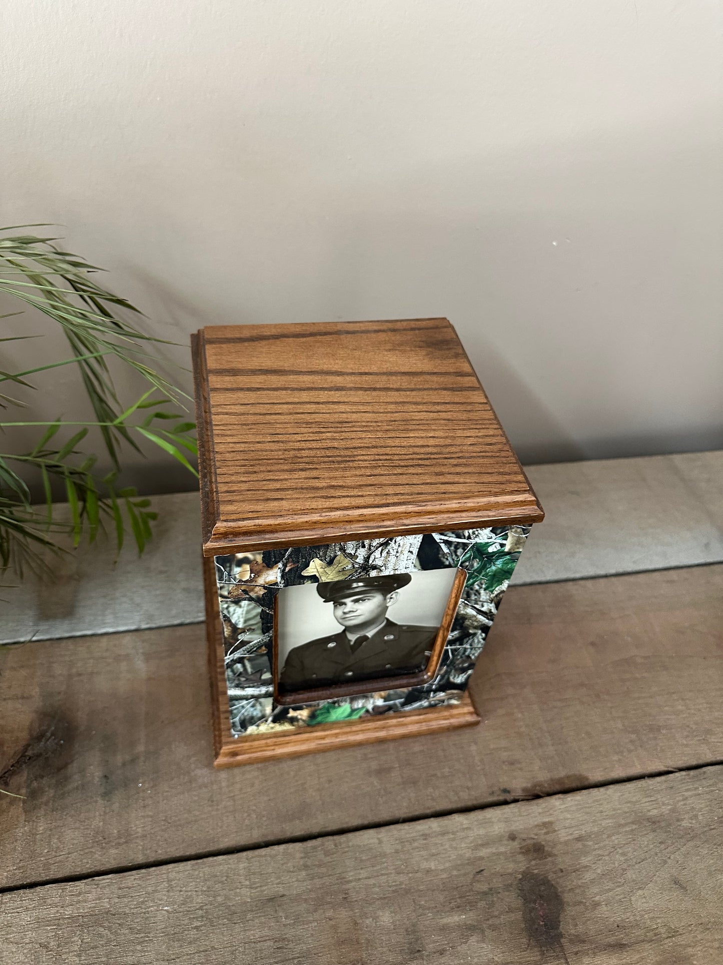 Camouflage Vinyl Wrapped Wooden Photo Cremation Urn