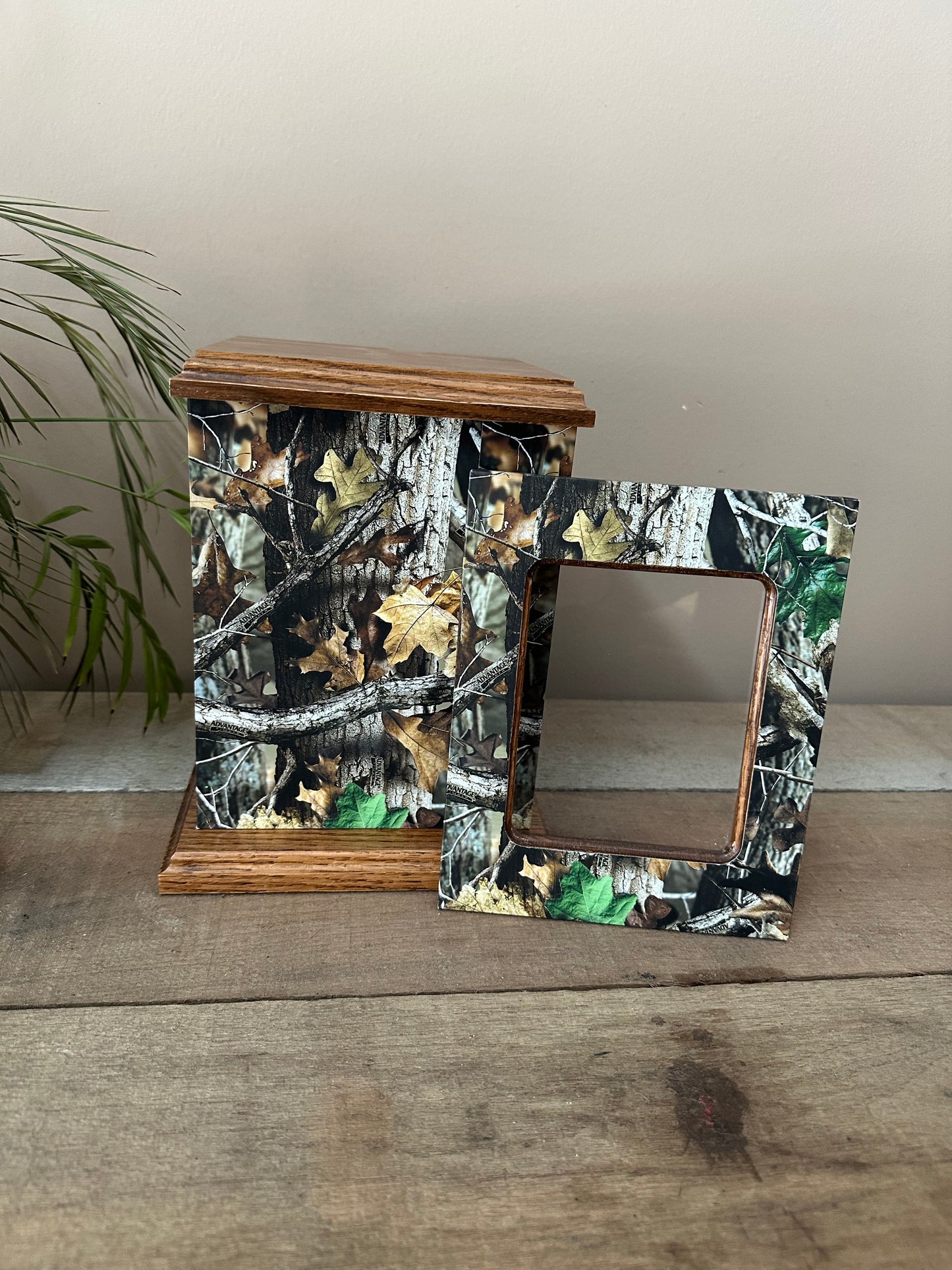 Camouflage Vinyl Wrapped Wooden Photo Cremation Urn